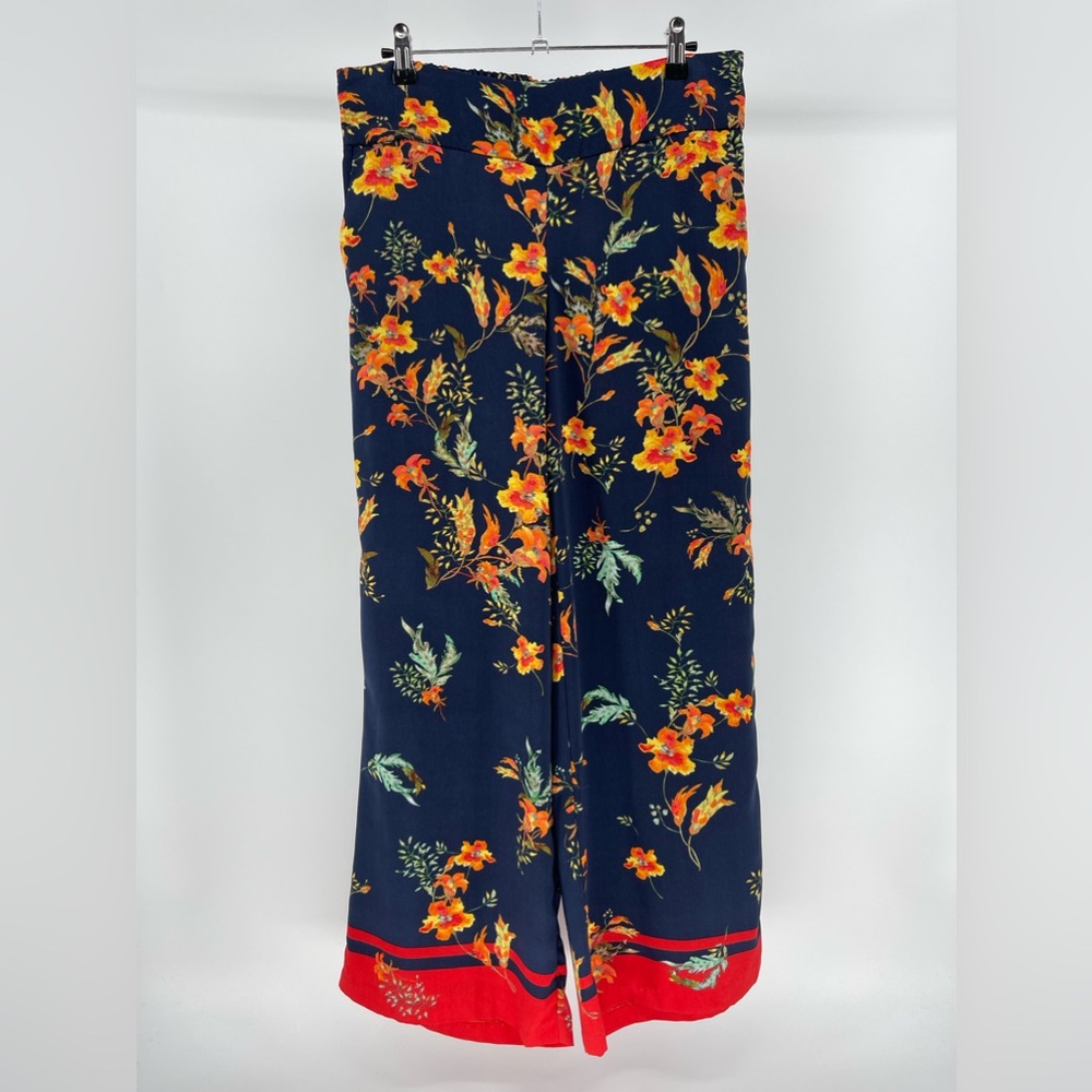 Adrienne Vittadini Navy Floral Print Wide Leg Pull-On Pants, Women's 6